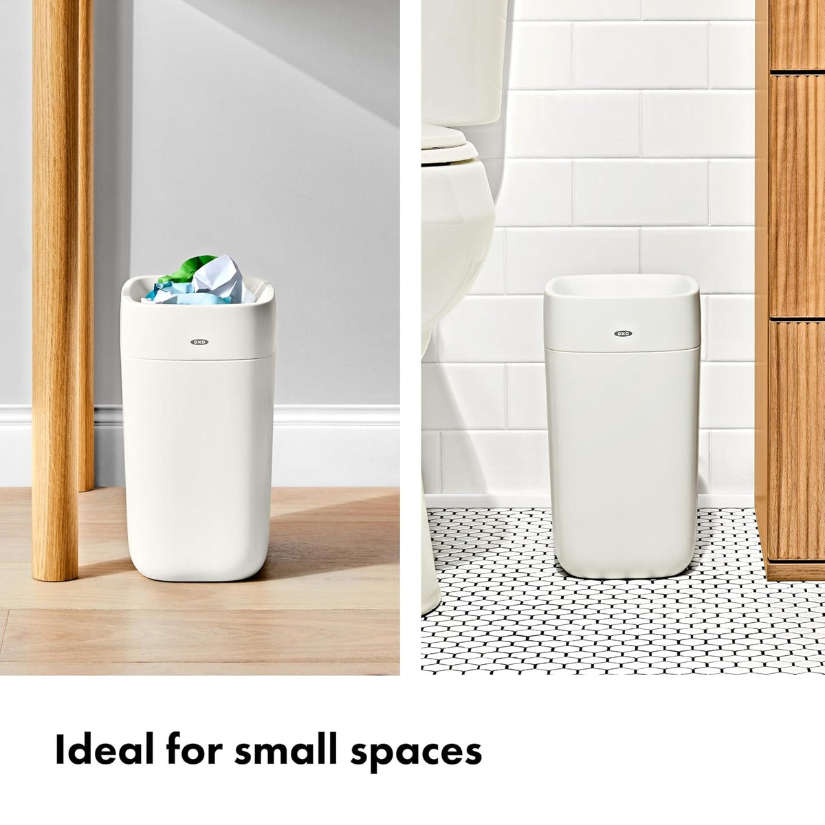 OXO Good Grips - Papelera para baño, color blanco | Cámara de basura compacta para baños, oficina, bolsas de borde ocultas, fácil de limpiar