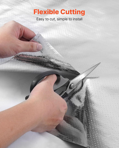 VEVOR Rollo de Aislamiento Reflectante Doble, Perforado y Transpirable, 38,1 x 1,22 m x 0,15 mm, Lámina de Aluminio de Doble Cara, Reflectividad ≥ 95%, para Ventanas y Techos de Autocaravanas