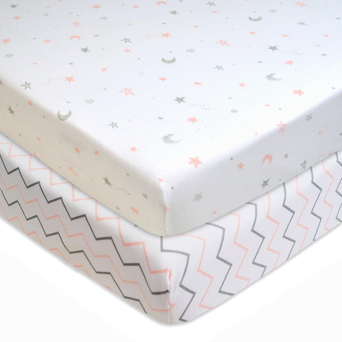 American Baby Company Sábana Ajustable de Algodón para Mini Cuna - Estrellas rosas - Zigzag - 2 Piezas