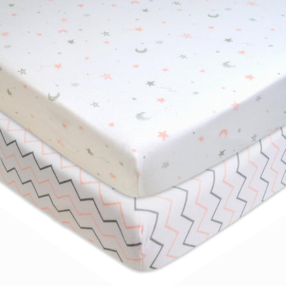 American Baby Company Sábana Ajustable de Algodón para Mini Cuna - Estrellas rosas - Zigzag - 2 Piezas