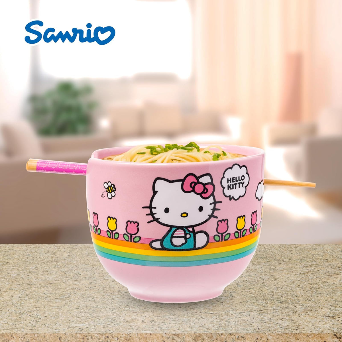Silver Buffalo Hello Kitty Tazón de Arroz con Palillos | Rayas Arco Iris, Diseño de Flores, 20 oz