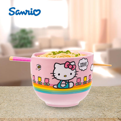 Silver Buffalo Hello Kitty Tazón de Arroz con Palillos | Rayas Arco Iris, Diseño de Flores, 20 oz
