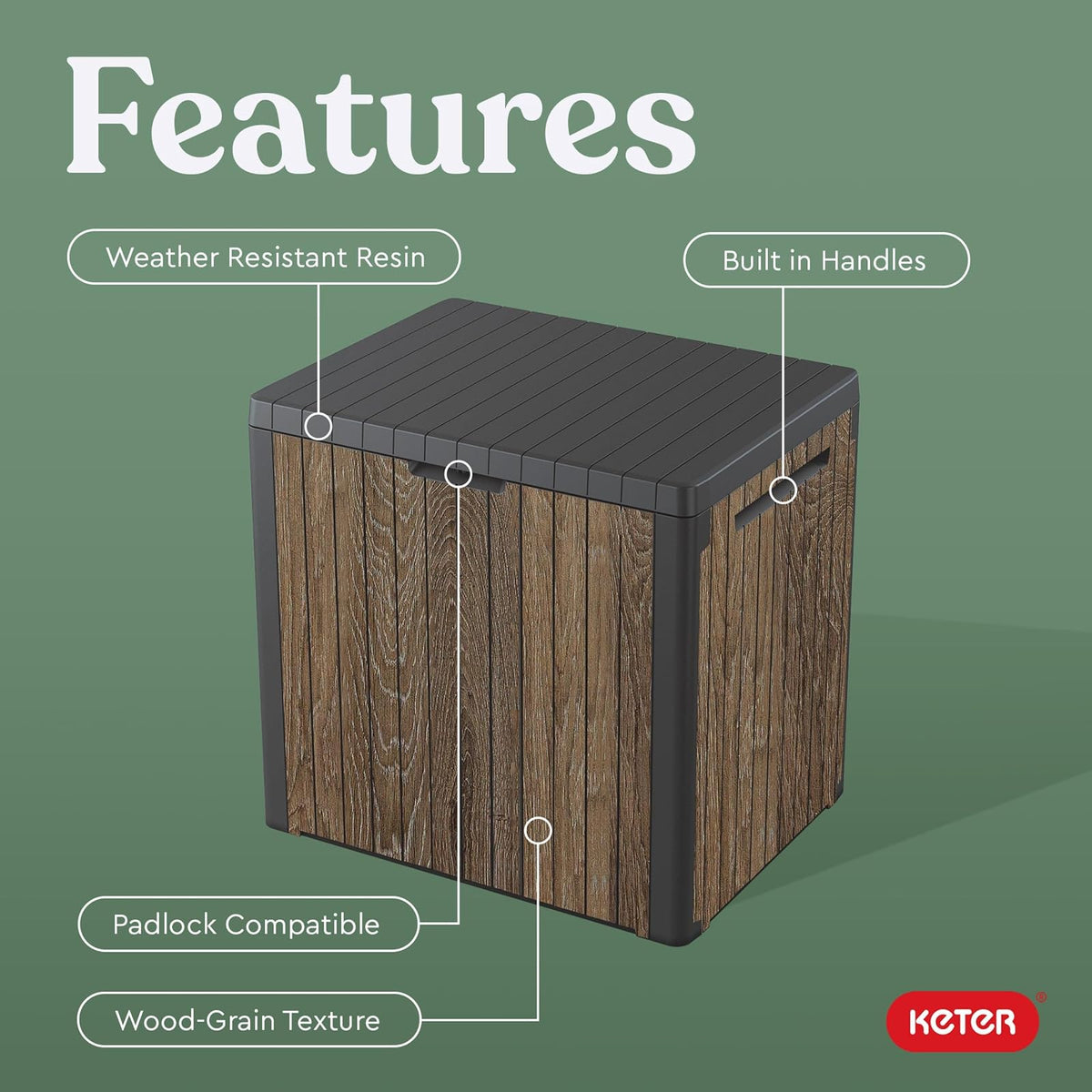 Keter Signature Everwood - Caja de almacenamiento de resina para exteriores de 30 galones y mesa auxiliar de muebles de patio para accesorios de piscina y jardín, nogal