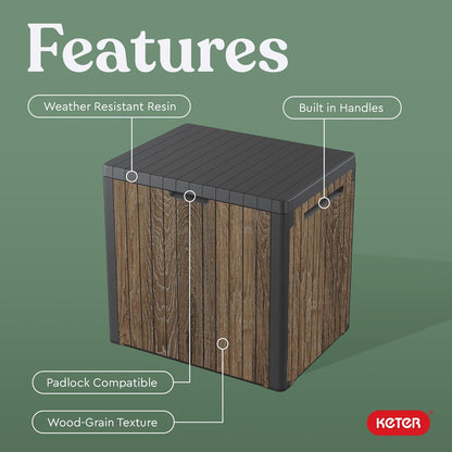 Keter Signature Everwood - Caja de almacenamiento de resina para exteriores de 30 galones y mesa auxiliar de muebles de patio para accesorios de piscina y jardín, nogal