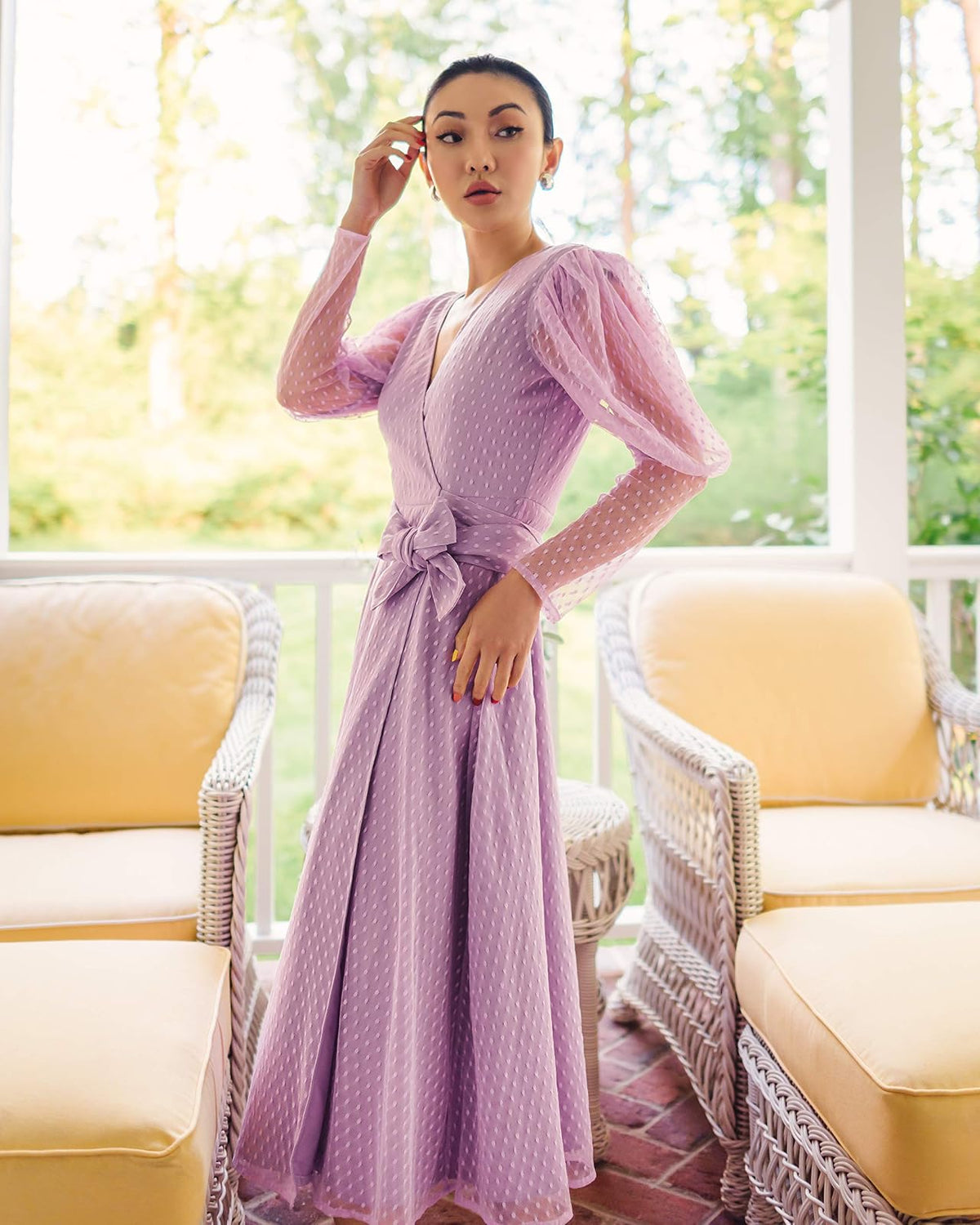 The Drop @jessicawang - Vestido cruzado de manga larga con cuello en V para mujer