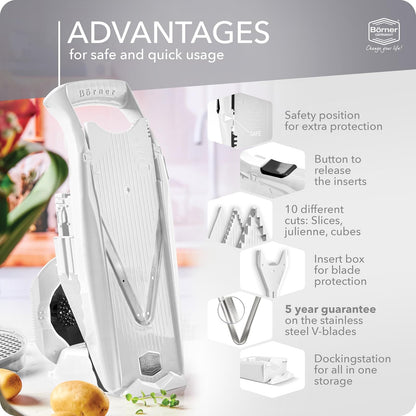 Reston Lloyd - Cortador de alimentos para mandolina Börner V5 (juego Profi) - V-Slicer con 4 inserciones, estación de acoplamiento y soporte para alimentos • Fabricado en Alemania • Picador de frutas