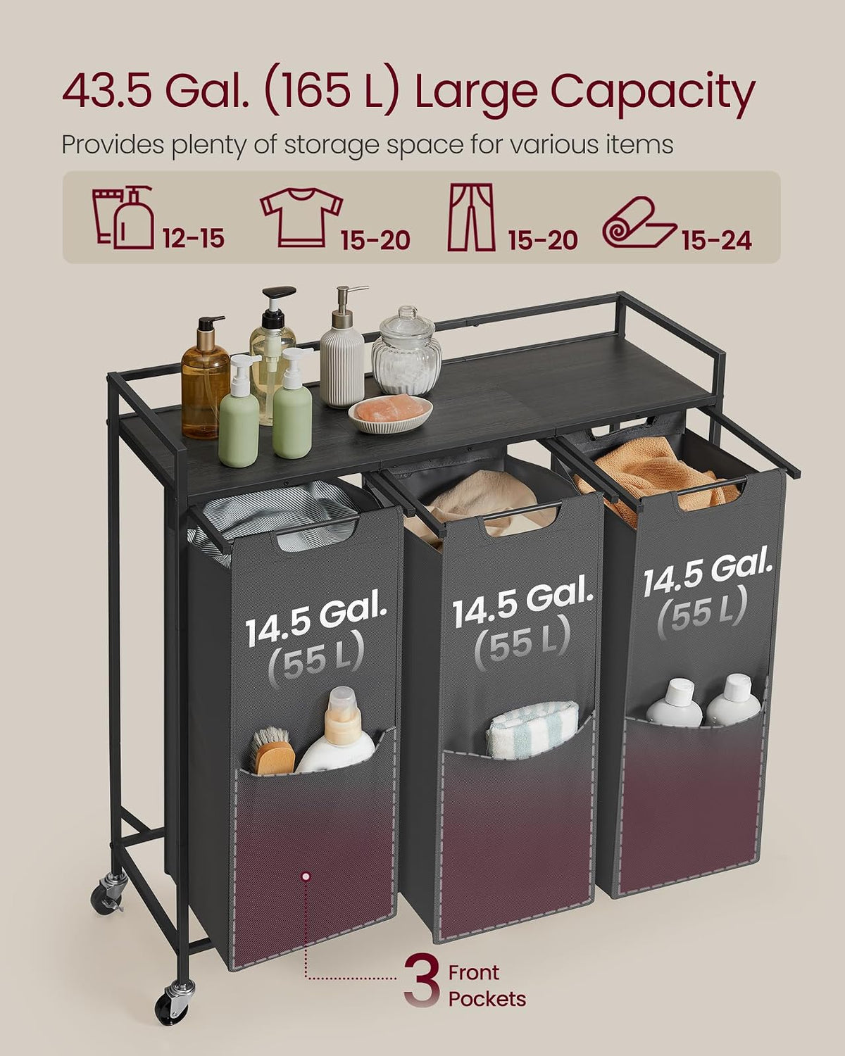 VASAGLE Clasificador de ropa de 43.5 galones UBLH031G01 - Cesta de lavandería con 3 compartimentos, carrito con ruedas, estante, bolsas extraíbles, bolsillos, gris pizarrón y gris carbón