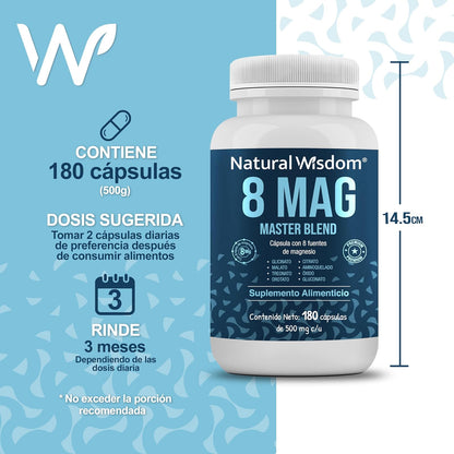 NW 8 MAG con 8 Magnesios 180caps - Citrato, Glicinato, Malato, Treonato de Magnesio y más | Ingredientes Naturales | Energia, Antioxidante | Natural Wisdom