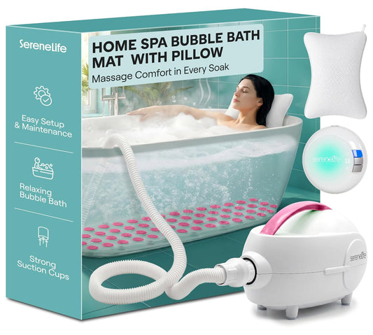 SereneLife - Alfombrilla de baño de Burbujas portátil, masajeador de Burbujas con luz de baño Impermeable y Almohada, Intensidad de Burbuja Ajustable, fácil Control de Botones, Control Remoto (Rosa)