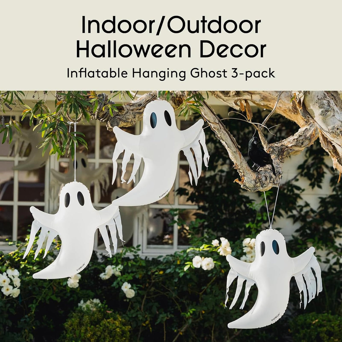 FUNBOY - Decoración Colgante de Fantasma de Halloween (Paquete de 3) – Incluye ventosas y Perchas, Decoraciones espeluznantes para Interiores y Exteriores