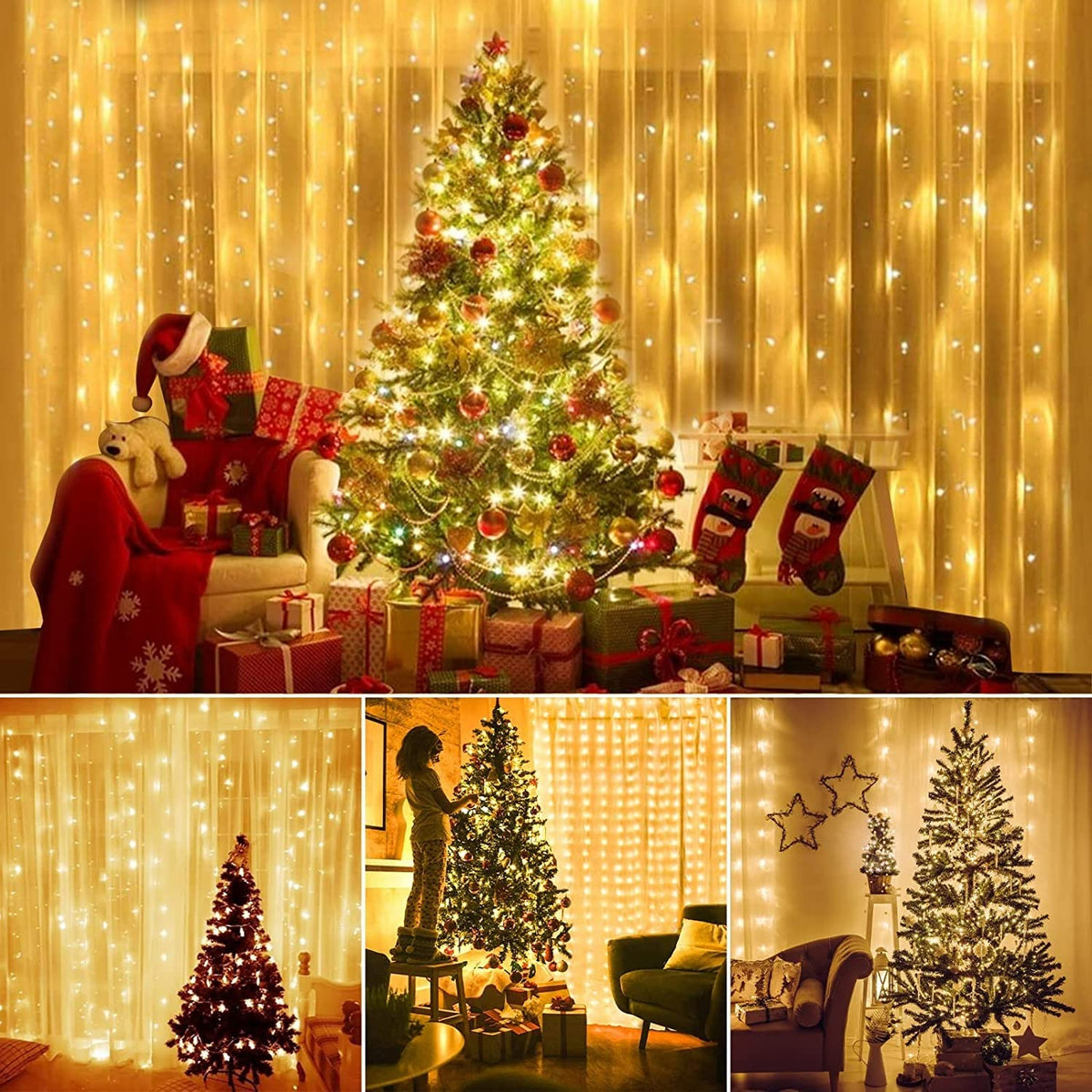 DOSYU Cortina de Luces LED Calido Blanco 3Mx3M 300LEDs, 8 Modos de lluminación, Lámparas Decorativas Impermeables para Interior y Exterior con Gancho, Luz Cadena para Navidad, Fiestas, Jardín, Boda