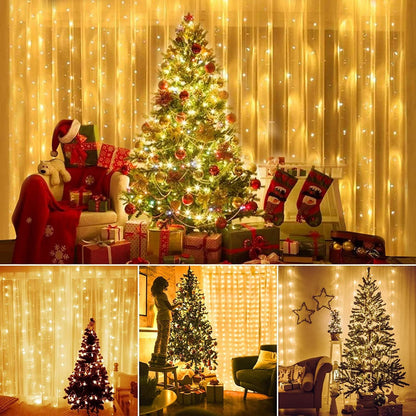 DOSYU Cortina de Luces LED Calido Blanco 3Mx3M 300LEDs, 8 Modos de lluminación, Lámparas Decorativas Impermeables para Interior y Exterior con Gancho, Luz Cadena para Navidad, Fiestas, Jardín, Boda