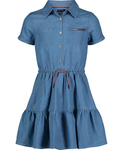 Tommy Hilfiger Short Sleeve Lightweight Denim Dress, Collared with Cinched Waist Vestido Informal Niñas