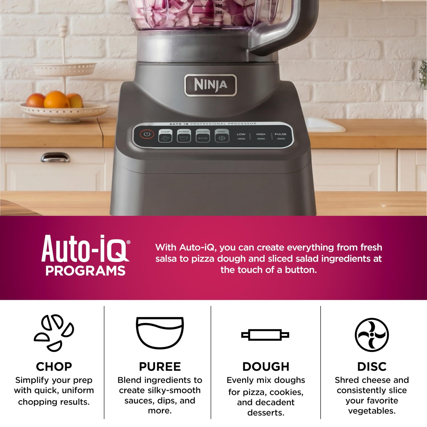 Procesador de alimentos ninja Professional Plus, 1000 vatios pico, 4 funciones para cortar, rebanar, purés y masa con tazón de procesador de 9 tazas, 3 cuchillas, conducto de alimentos y empujador,