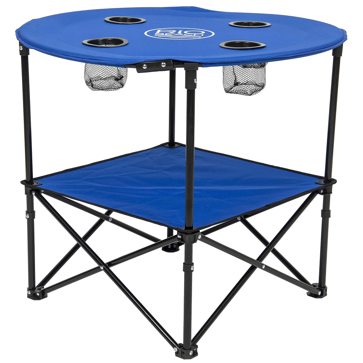 Rio Brands - Mesa de Playa Plegable portátil de Tela Ligera Redonda de 28 Pulgadas con portavasos, Color Azul