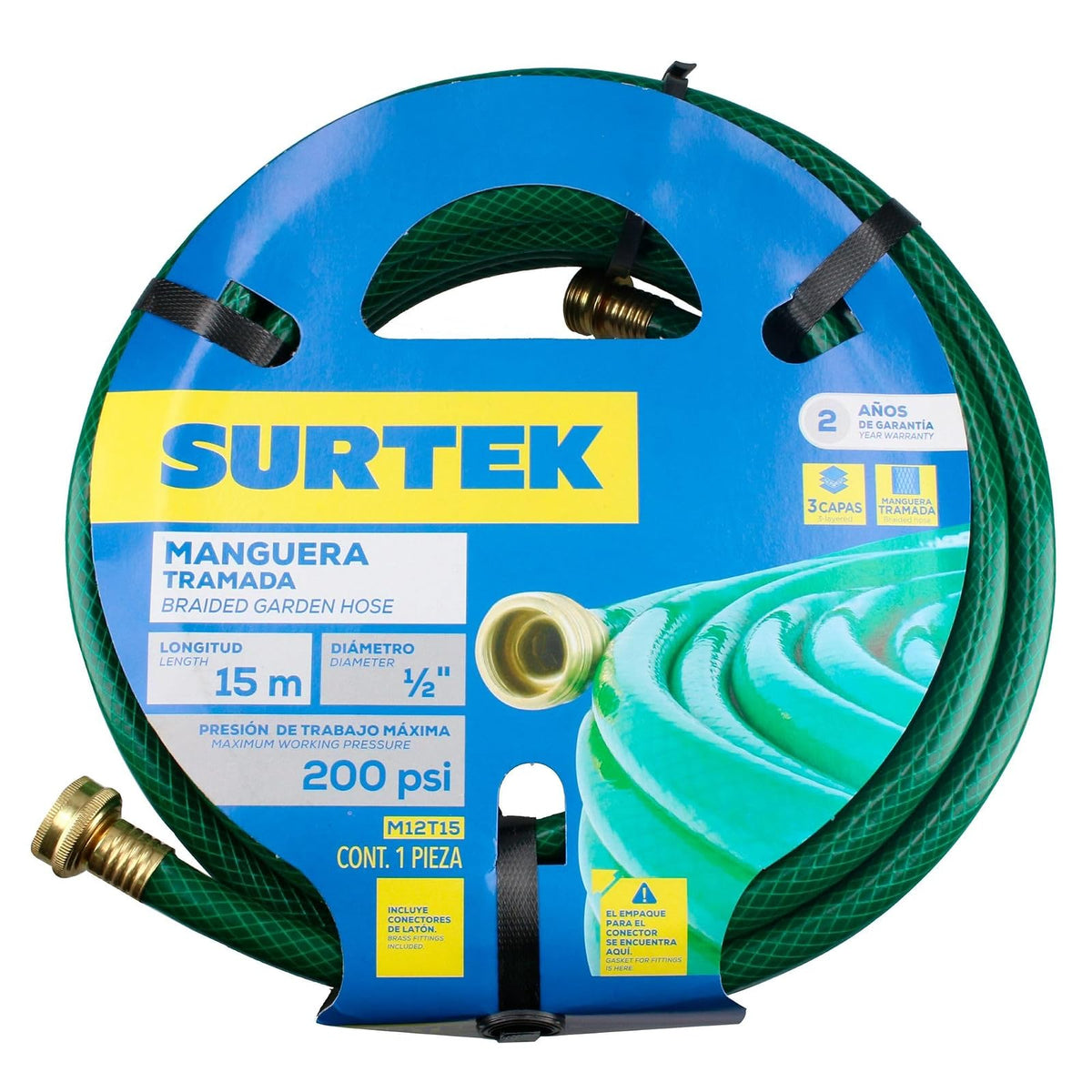 Surtek M12T15 Manguera para jardín tramada con conector metálico 1/2", 15 m