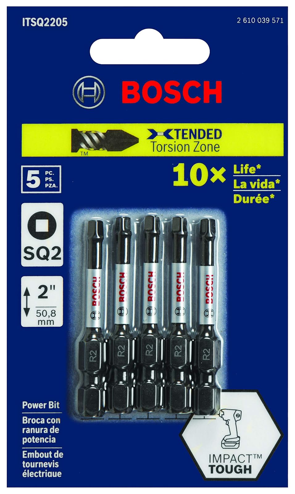 BOSCH ITSQ2205 paquete de 5 pulgadas Brocas cuadradas # 2 resistentes al impacto