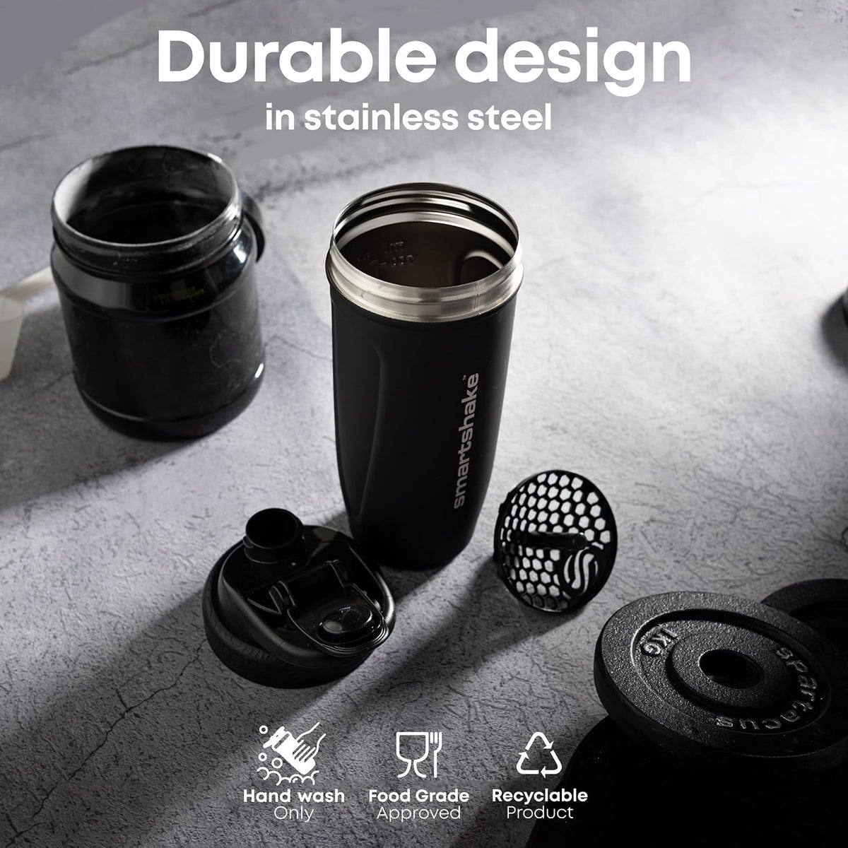 SmartShake Reforce Negro Botella Mezcladora de Acero Inoxidable 900 ml, Libre de BPA