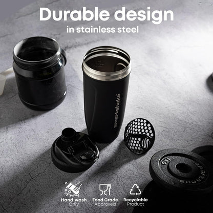 SmartShake Reforce Negro Botella Mezcladora de Acero Inoxidable 900 ml, Libre de BPA