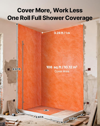 VEVOR Membrana Impermeable de Polietileno 1 x 10 m 10 m² Espesor de 0,5 mm, Lámina Impermeabilizante 1 Rollo, Tela no Tejida de 2 Capas, Membrana para Ducha para Azulejo, Cerámica, Pared, Naranja