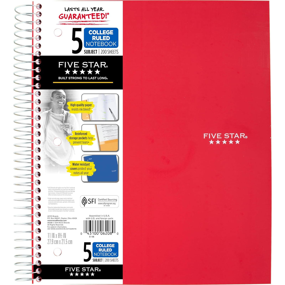 Five Star Cuaderno de Espiral 5 Materias, 200 Hojas - Rojo - - Paquete de 1