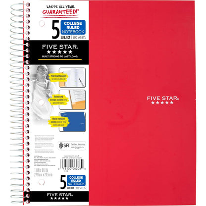 Five Star Cuaderno de Espiral 5 Materias, 200 Hojas - Rojo - - Paquete de 1