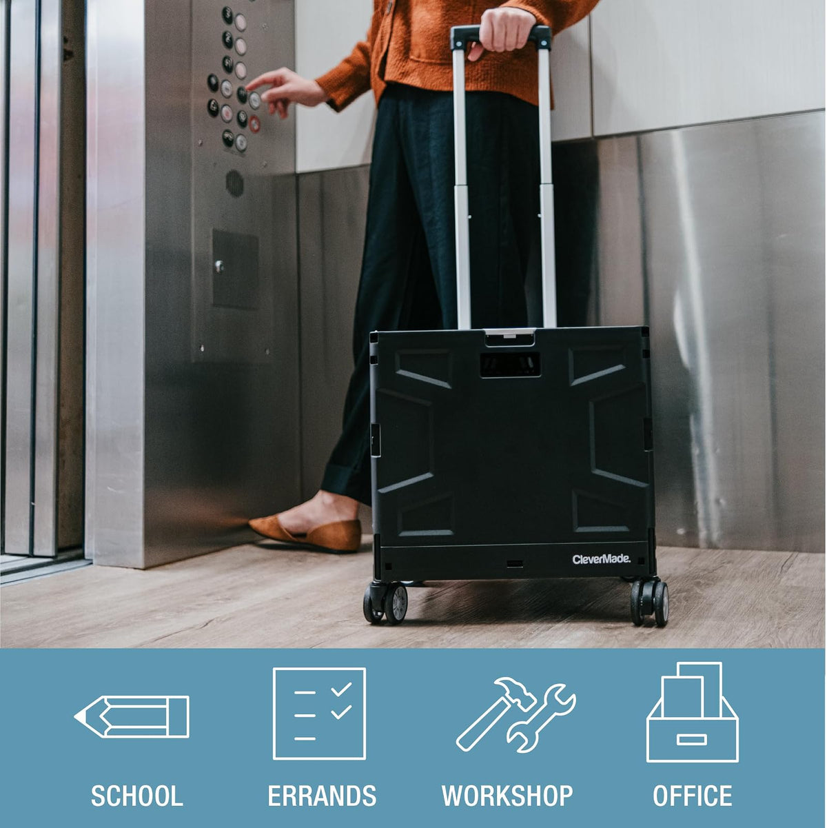 CleverMade - Caja Plegable con Ruedas con Tapa, 4 Ruedas, giratoria y Deslizante, con asa y Ruedas giratorias, para un fácil Transporte y Uso versátil, Capacidad de 35 litros y 75 Libras, Color Negro