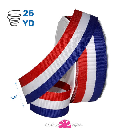 Morex Ribbon 93609/25-914 Cinta de grogrén a rayas de 1.5 pulgadas x 25 yardas Cinta patriótica para envolver regalos, rojo/blanco/azul, decoraciones del 4 de julio, banderas americanas, suministros