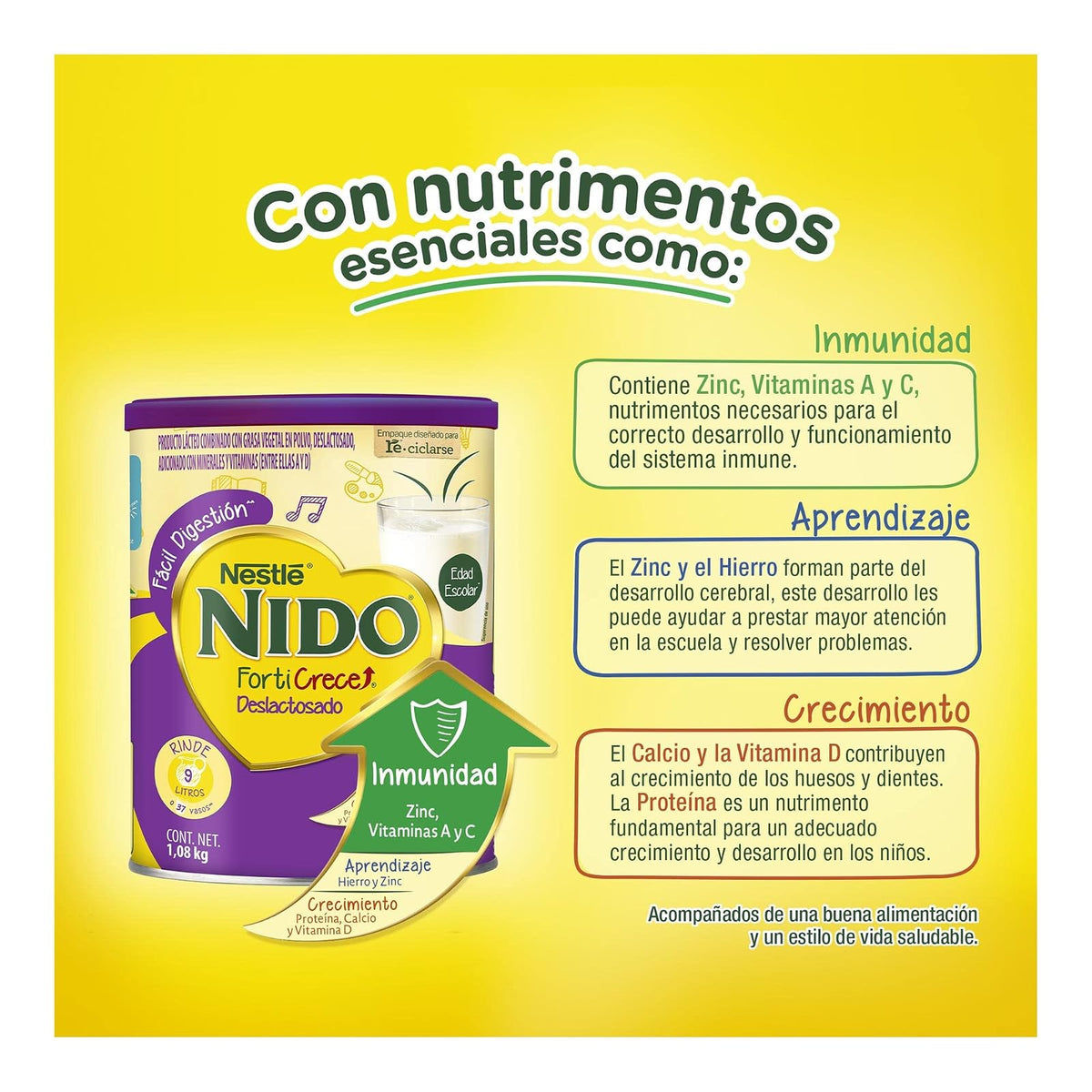 NIDO FortiCrece Deslactosado en Polvo, Lata de 1.08 kg