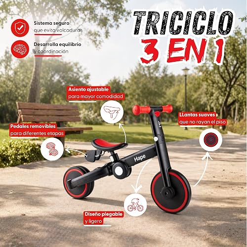 Hape Triciclo de Equilibrio Plegable Multifuncional 3 en 1, Ajustable Crece con el Niño, Desarrolla Balance y Coordinación, Color Rojo, E8468