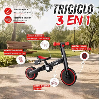 Hape Triciclo de Equilibrio Plegable Multifuncional 3 en 1, Ajustable Crece con el Niño, Desarrolla Balance y Coordinación, Color Rojo, E8468