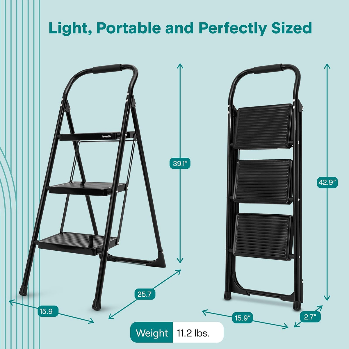 SereneLife Escalera Plegable de Acero de 3 Peldaños Anchos Antiderrapantes con Pasamanos, Capacidad de 150 kg, Ideal para Limpieza, Decoración y Tareas del Hogar