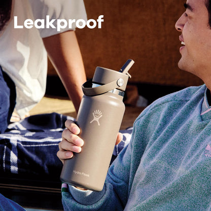 HYDRO FLASK - Botella de agua aislada de acero inoxidable – Tapa de paja flexible de boca ancha, no derrama, a prueba de fugas y recargable en color azul brillante de 32 onzas