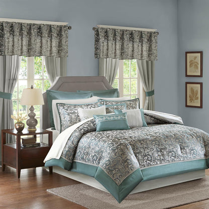 Madison Park Essentials - Juego de Recámara de 24 Piezas, Jacquard con Cortinas - Verde azulado - King - impresión