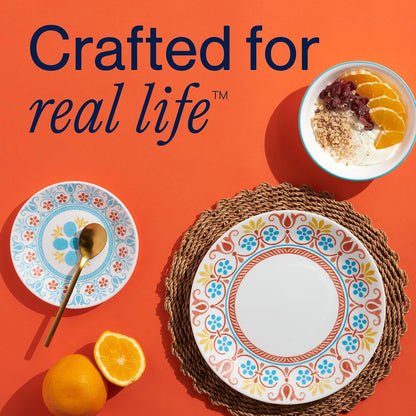 Corelle Global Collection Vitrelle - Juego de vajilla de 12 piezas, vidrio reciclado de triple capa, juego de platos y cuencos redondos ligeros y ecológicos, Terracotta Dreams