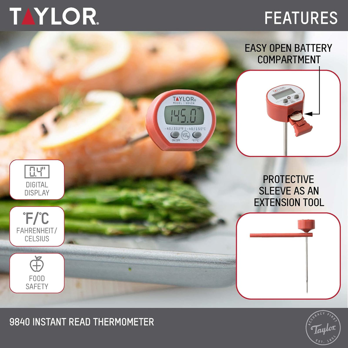 Taylor Precision Products Termómetro digital de lectura instantánea para carne, parrilla, cocina, barbacoa, cocina, viene con clip de manga de bolsillo, rojo
