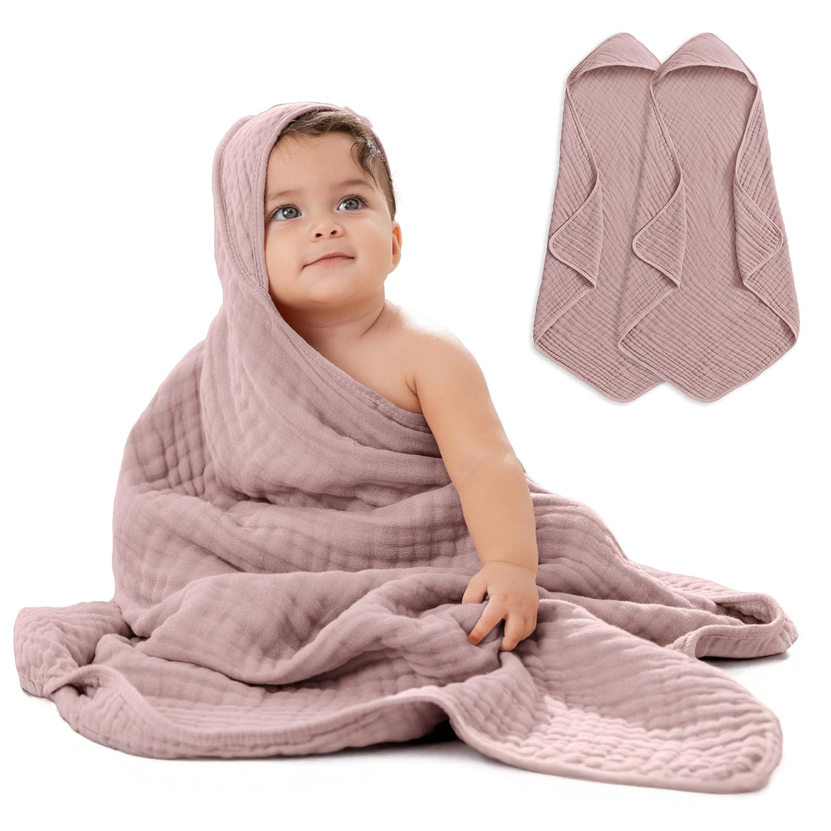 Comfy Cubs Toallas con Capucha para Bebé, Grandes, 81 × 81 cm, Paquete de 2 | Malva - 6 Capas Algodón Muselina 100% – Suave y Absorbente para Bebés, Niños y Niñas para la Hora del Baño - Malva - Paquete de 2 - Bebé