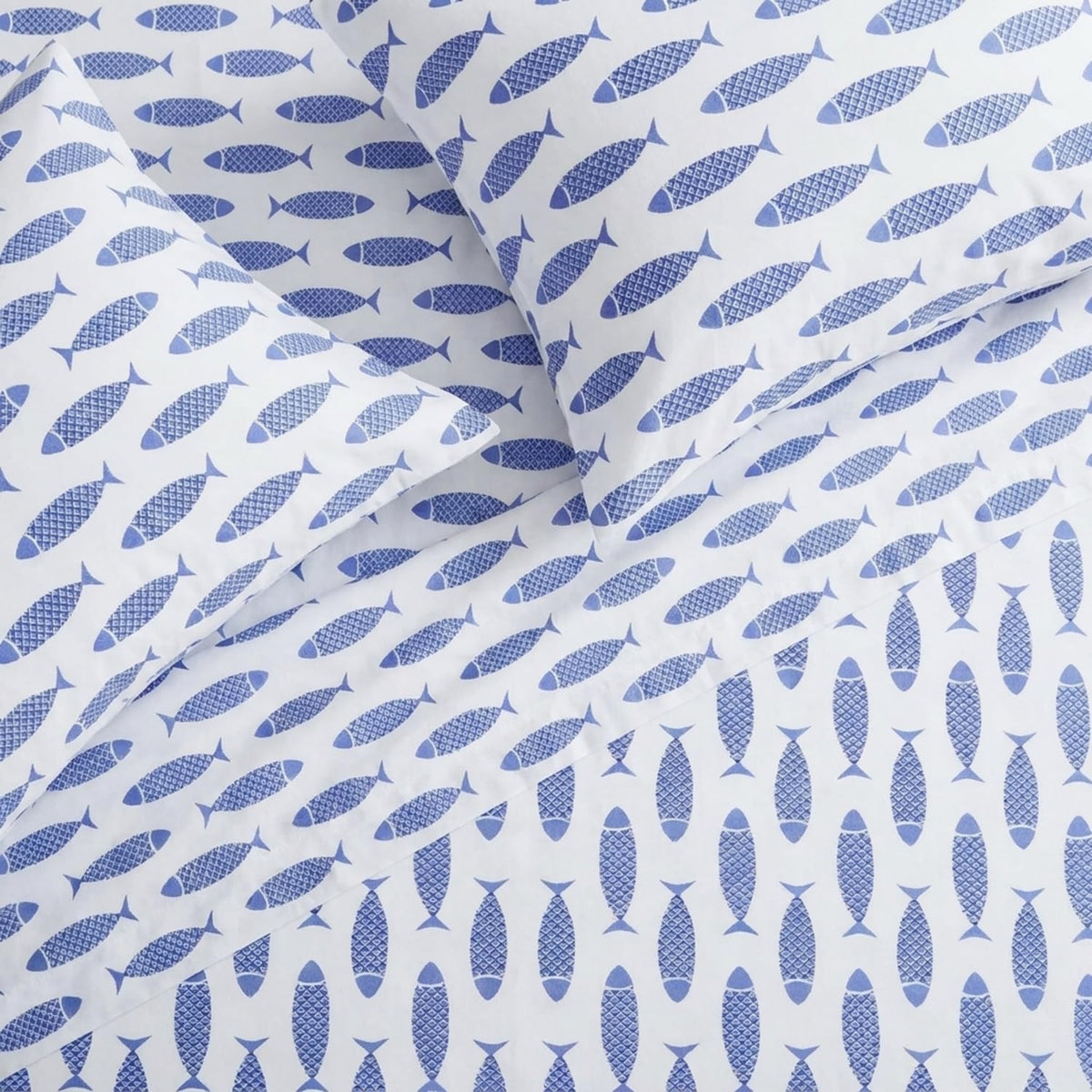 Nautica Woodblock Fish Sheet Set, Twin Blue
