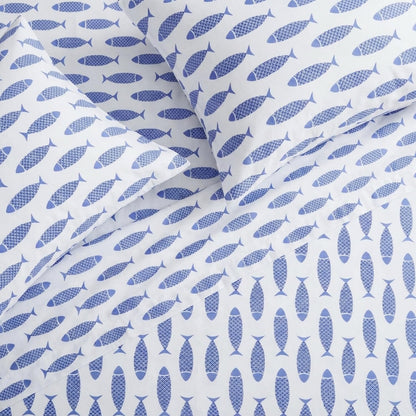 Nautica Woodblock Fish Sheet Set, Twin Blue
