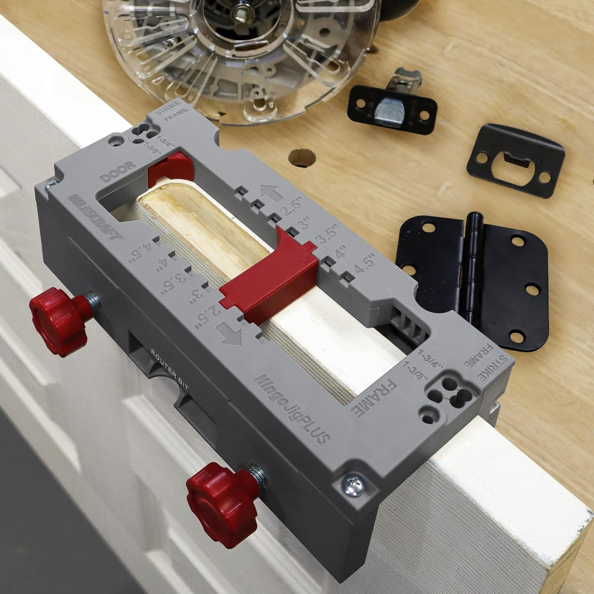 Milescraft 1229 - Plantilla de bisagra de doble sujeción para bisagra de puerta Kit completo de instalación de bisagras para mortajas de 2.5 a 4.5 pulgadas. Placas de cierre y cierre incluidas para