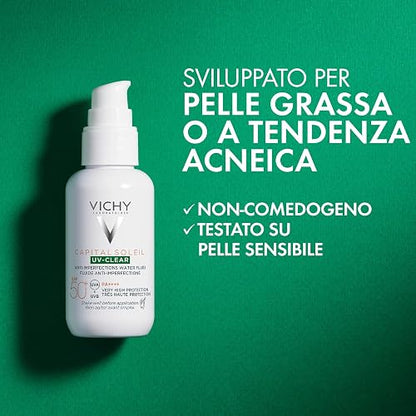 Vichy Capital Soleil UV-Clear Protector Solar Dermatológico FPS50+ 50ml | Anti-Imperfecciones, Textura Ultra Fluida, Acción Anti-Brillo, Ideal para Piel Mixta a Grasa