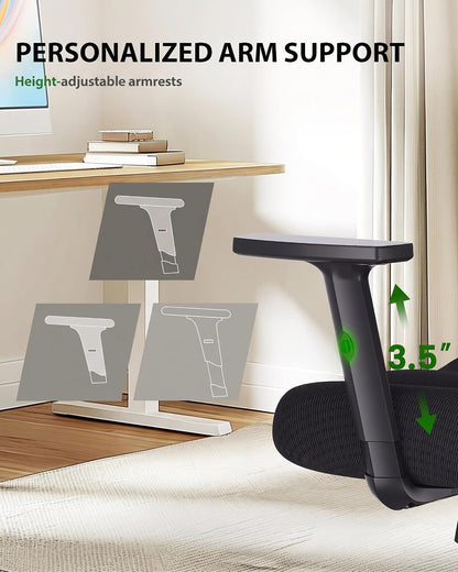 Marsail Silla ergonómica de malla de oficina con respaldo alto, soporte lumbar ajustable con reposacabezas abatible con brazos elevables, silla giratoria para computadora para personas grandes y altas