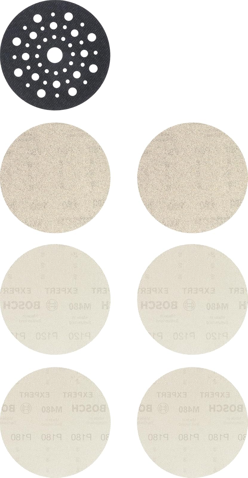 Bosch | Kit 6 Discos de lija | EXPERT M480 125mm + 1 plato | Para pintura sobre madera, madera dura, grano 2 x 80, 2 x 120, 2 x 180, accesorio profesional, lijadora orbital aleatoria
