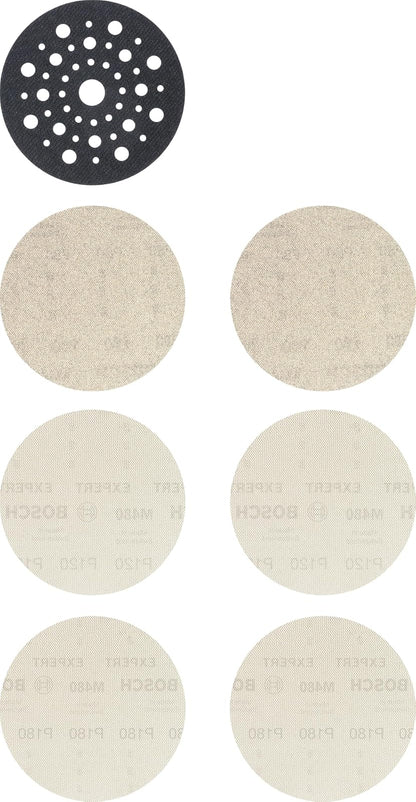 Bosch | Kit 6 Discos de lija | EXPERT M480 125mm + 1 plato | Para pintura sobre madera, madera dura, grano 2 x 80, 2 x 120, 2 x 180, accesorio profesional, lijadora orbital aleatoria