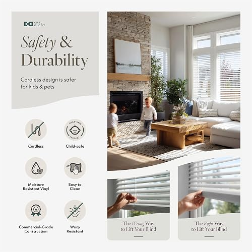 CHICOLOGY - Mini persianas para ventanas de interior, 17 pulgadas de ancho x 72 pulgadas de alto, persianas de vinilo horizontales blancos, inalámbricas, fáciles de instalar, elegante ajuste de perfil