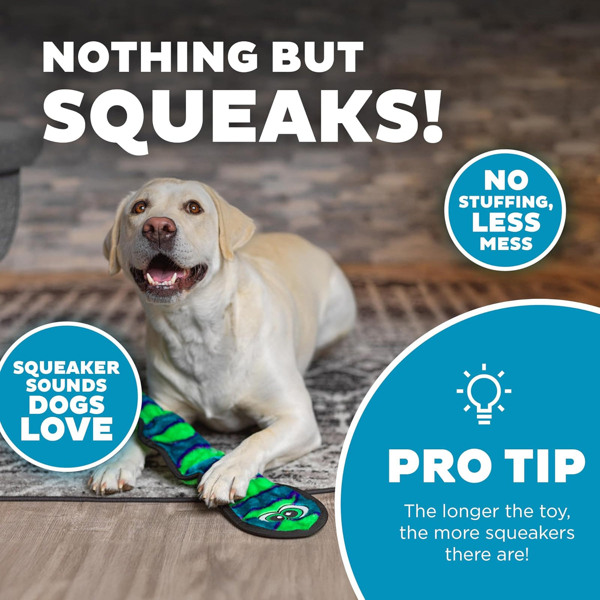 Outward Hound Kyjen 32067 Invincibles Plush Snake Stuffingless Durable Dog Toys Squeaker Toy 3-Squeakers, Small, Assorted Colors