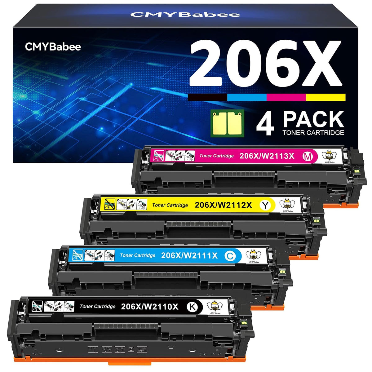CMYBabee - Cartucho de tóner Compatible para HP 206X 206A para Impresora Color LaserJet Pro MFP M283fdw M283cdw M283fdn M282mw Pro M255dw M255nw M283 M255 W2110A de Alto Rendimiento (BCMY, Paquete