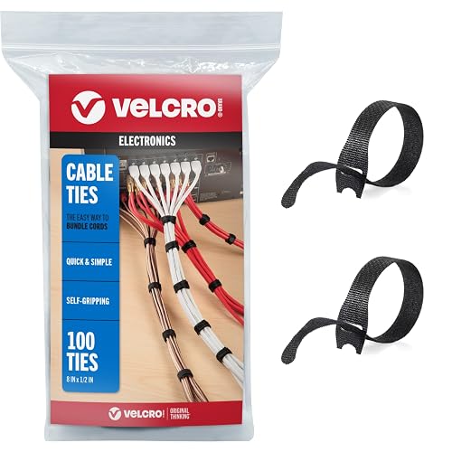 Velcro Brand 91140 ONE-WRAP Thin Self-Gripping Cable Ties: Reusable, Light Duty - 8" x 1/2" Ties, 100 Pack, Black