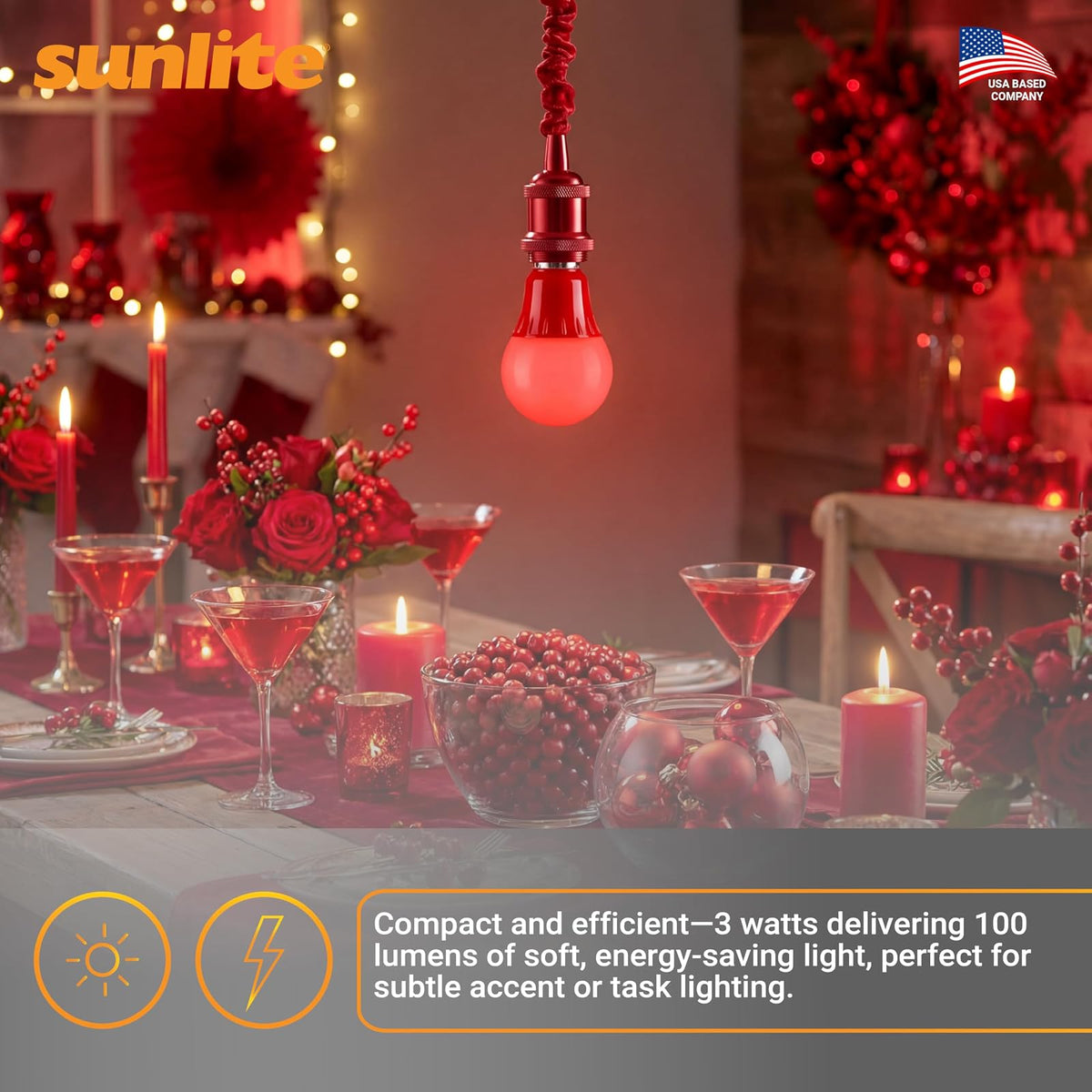Sunlite 80148 Red LED A19 3 Watt Medium Base 120 Volt UL Listed LED Light Bulb, last 25,000 Hours