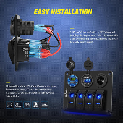 Nilight 90450B Panel de Interruptor de 4 Bandas Impermeable de Aluminio con PD Tipo C y USB, 12V/24V